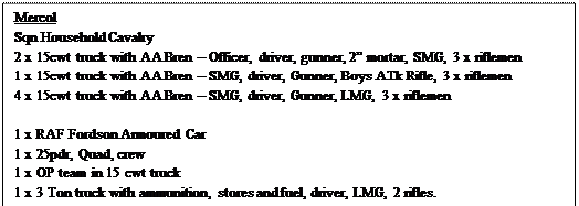 Text Box: Advance Guard; 
1 x Sqn Household Cavalry of 3 x 15 cwt; Officer, Boys, 2 Mor, 3 x LMG, 3 x SMG, 3 x Drivers, 15 x Rifles
1 x RAF Fordson Armoured Car
